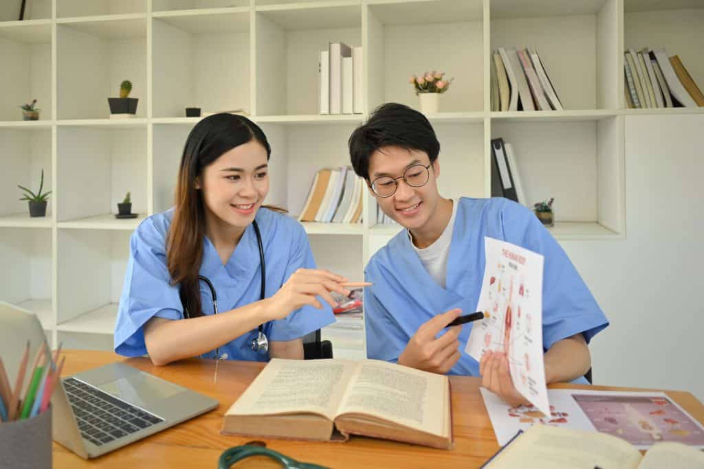 It’s a photograph of two students preparing for the NCLEX exam